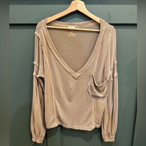 POL Taupe Long Sleeve V-Neck Top